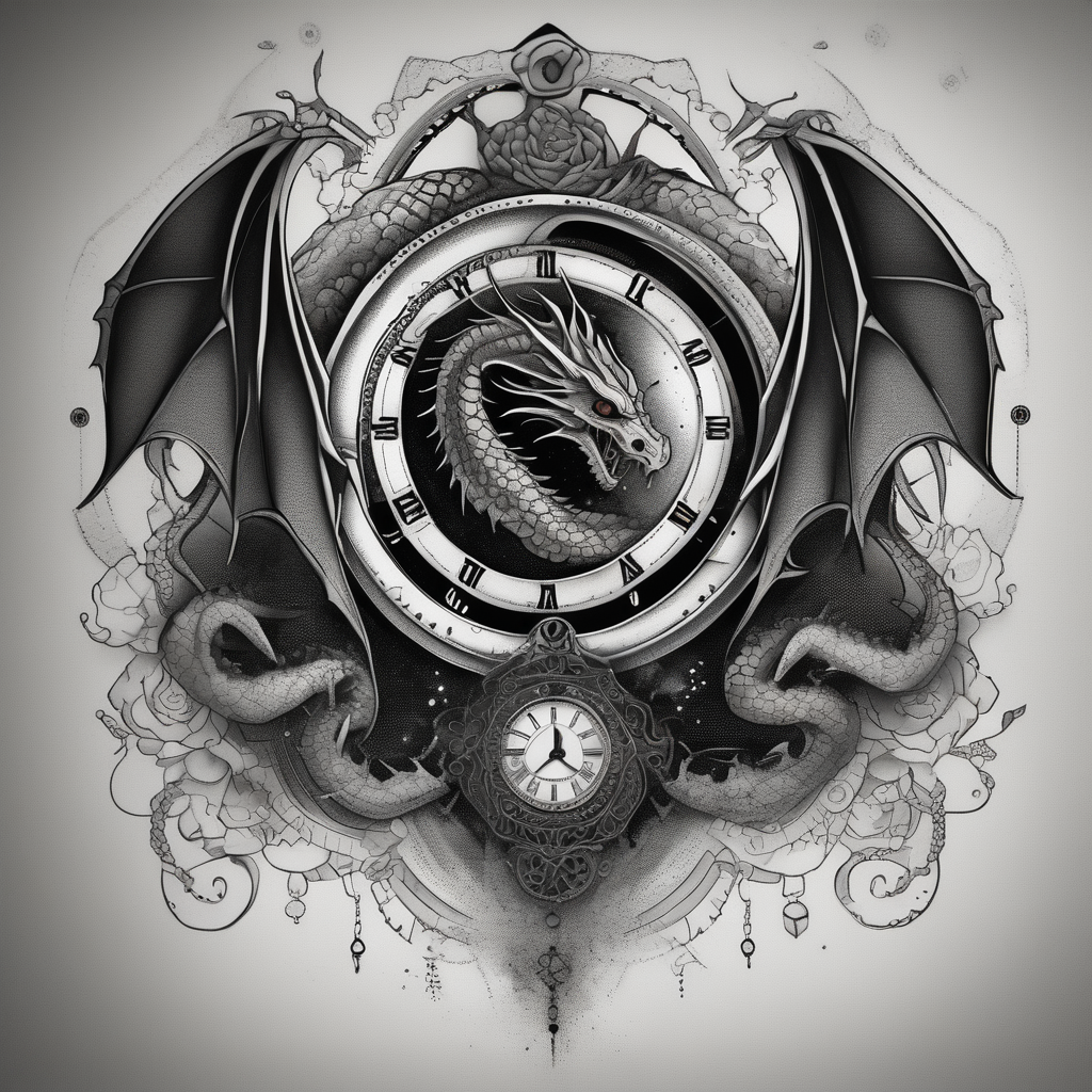 Dark cancer zodiac sign tattoo with dragon and clock on background fishing tattoos, AI-generated Dotwork tattoo design